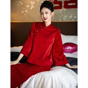 红色旗袍新中式春夏新娘结婚回门便装上衣订婚礼服女敬酒服两件套
