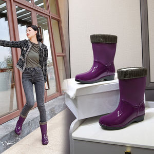 水鞋女中筒加绒雨鞋保暖雨靴防滑中筒靴女士胶鞋成人水靴女款套鞋