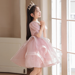 粉色公主裙女童高端礼服夏季短裙儿童主持人小女孩钢琴演奏演出服