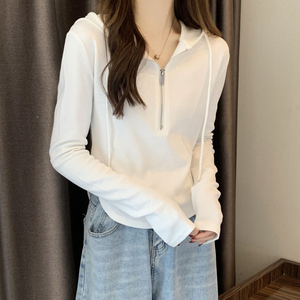 白色连帽长袖T恤卫衣2024春季女装韩版设计感拉链夏季短款上衣薄