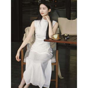 新中式白色条纹盘扣改良旗袍连衣裙女夏季民国风年轻款少女长裙子