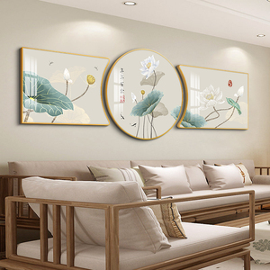新中式客厅装饰画沙发背景墙挂画三联画九鱼聚财水墨荷花禅意壁画