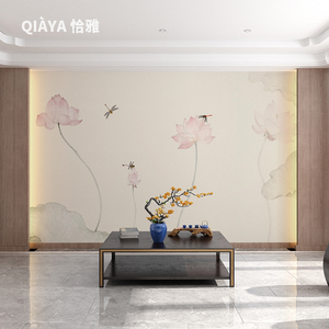 现代新中式简约素雅荷花轻奢客厅沙发电视背景墙壁纸时尚墙布壁画
