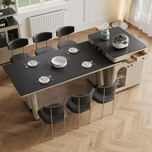错位岛台餐桌一体伸缩可分离简约家用带冰箱隐藏式电磁炉岩板餐桌