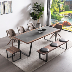 君璞挪亚家具火星岩餐桌现代简约胡桃木轻奢日式小户型餐桌椅组合