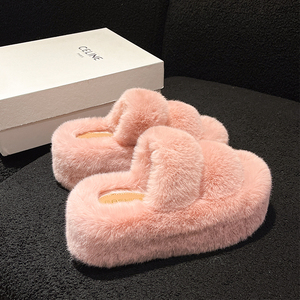 【兔毛绒】粉色毛毛拖鞋女外穿秋季新款增高网红小个子高级感棉拖