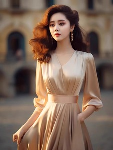 剪标折扣中式女装中国风香槟色V领长袖子收腰大裙摆连衣长裙子女