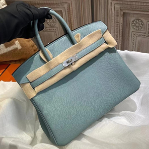 铂金包进口togo牛皮bk包天青蓝银扣全手工缝制荔枝纹手提包25cm