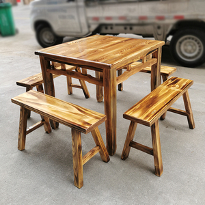 炭烧实木正方形八仙桌复古中式早茶饭店餐厅私房菜商用长板凳桌椅