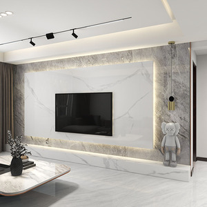 新款岩板悬空电视背景墙客厅现代简约轻奢风影视墙装饰木格栅网红