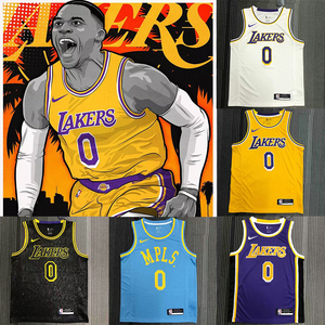 nba洛杉矶湖人队0号威少威斯布鲁克城市版球衣复古紫金篮球服