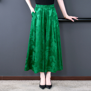 2023夏装新款大码绿色香云纱宽松真丝松紧腰阔腿裤桑蚕丝休闲裤女