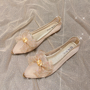 韩国网纱单鞋女夏季新款仙女风水钻蝴蝶结温柔平底鞋尖头透气凉鞋