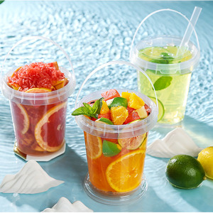 一升容量网红水果桶1000ml奶茶杯高透加厚一次性注塑杯带盖带手提