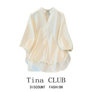 Tina CLUB大码女装夏季胖mm显瘦法式气质半开领中长款衬衫上衣
