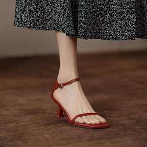 红色法式一字带凉鞋女细跟真皮包后跟高跟性感露趾夏季新款罗马鞋