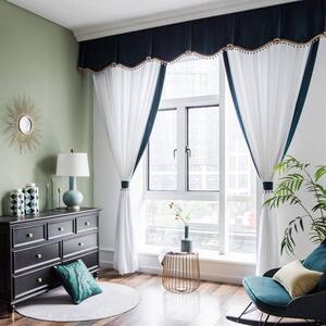 边纱现代轻奢风绒布镶北素u色白纱雪纺欧客厅阳台窗帘窗幔帘头 孔
