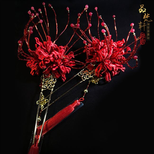 彼岸花曼珠沙华发簪子缠花发簪红色流苏汉服缠丝步摇古风头饰钗子