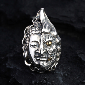 希然原创手工银半佛半魔吊坠男 925纯银复古双面佛魔一念人性挂坠