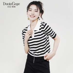 朵拉格格针织短袖t恤女夏薄款高级感v领条纹修身正肩短上衣ins潮