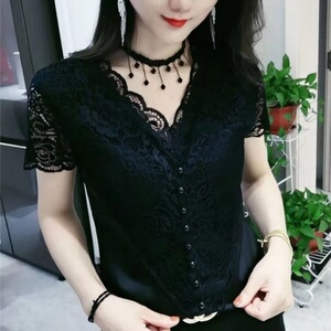 y4夏季小衫女洋气蕾丝衫高档外穿打底冰丝棉短袖v领显瘦上衣修