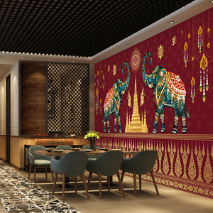 泰式墙纸东南亚民族风情手绘大象墙布装饰壁布泰国菜餐厅酒店壁纸