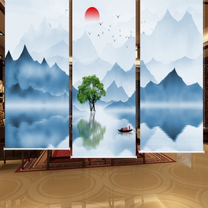 新中式卷帘意境水墨山水画办公室客厅卧室书房遮光免打孔升降窗帘