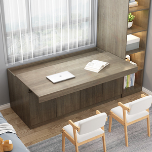 飘窗储物柜收纳矮柜抽拉式台面窗台改造柜伸缩书桌书柜一体可定制