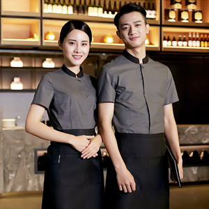 澳丞新款餐饮服务员工作服男咖啡厅西餐厅夏季短袖工装定制印logo