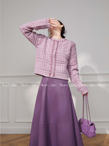 Plum Jan/女装套装轻奢高级感粉紫镂空针织开衫法式高级感两件套