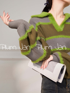Plum Jan/条纹针织衫长袖绿色Polo领马海毛轻奢高级法式毛衣上衣