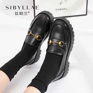 丝柏兰女鞋2021春夏新款英伦风小皮鞋一脚蹬厚底复古乐福鞋女单鞋