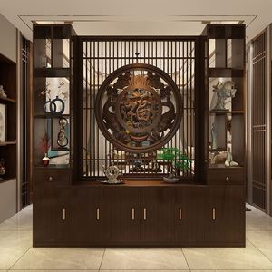 屏风隔断客厅新中式实木玄关柜别墅背景墙入户隔断酒柜遮挡置物架