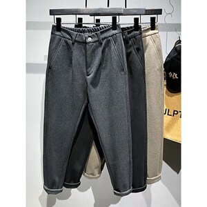 秋冬加绒加厚毛呢小西裤男士微宽小直筒小脚裤子男百搭妮子休闲裤