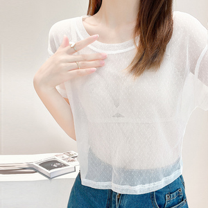 透明网纱短袖t恤女夏季短款宽松白色蕾丝打底衫吊带裙内搭上衣薄