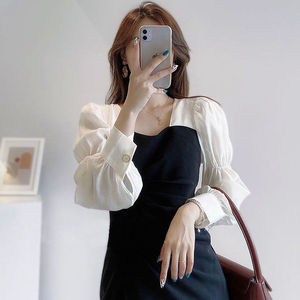 金贝尔服饰2021早秋长袖法式不规则连衣裙温柔风泡泡袖大码女装潮