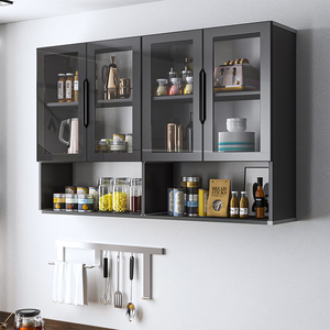 铝合金吊柜厨房储物柜带玻璃门简约现代轻奢墙壁柜黑色壁柜挂墙式