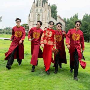 伴郎服中式婚礼抢亲服装兄弟团衣服夏季套装新郎民国结婚长袍大褂