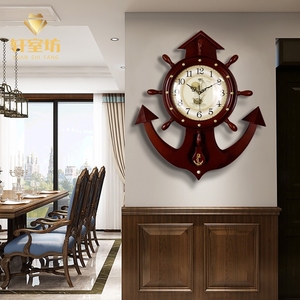 新中式挂钟客厅钟表家用时钟挂墙创意欧式轻奢石英钟实木船舵挂表