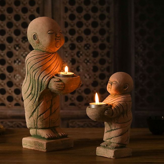 泰国工艺品摆件 沙石站佛捧碗小和尚小沙弥 东南亚风情重薰蜡烛台
