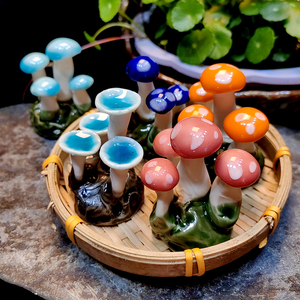 可爱手捏红伞伞陶瓷窑变创意蘑菇摆件花盆鱼缸摆件造景压盆石茶宠