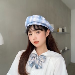 jk制服帽日系格子贝雷帽女孩帽子简约英伦复古ins学院风八角帽女