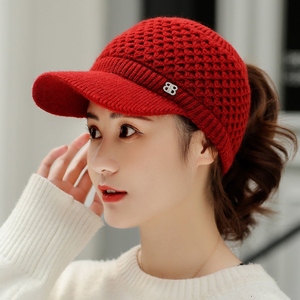 女士冬季带沿帽子加厚潮空顶鸭舌帽保暖休闲女冬天针织帽毛线女帽