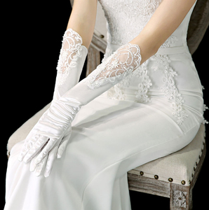 穿旗袍配的手套缎面长款复古蕾丝全指手工钉珠婚纱旅拍配饰摄影