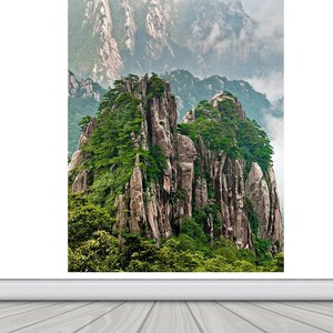 竖版自然风景背景墙贴水靠山图画粘纸办公室大山高山客厅玄关定制
