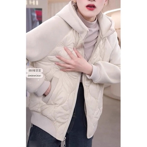 简约时尚韩版加厚保暖连帽拼接外套女士冬季新款时髦洋气宽松棉服