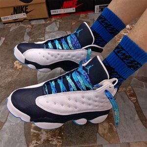 适配耐克aj 13 retro白蓝黑曜石low腰果花海岛扎染篮球鞋男扁鞋带