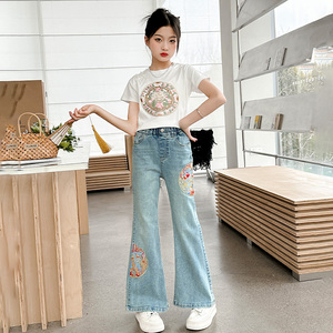 新中式女童套装春夏装2024新款儿童夏季短袖女孩国风牛仔裤两件套