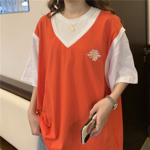 100%棉港风小雏菊短袖t恤宽松学生假两件半袖上衣0865-p35女类