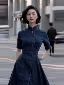 新中式女装2024夏装改良旗袍日常可穿高端精致蓝色短袖牛仔连衣裙